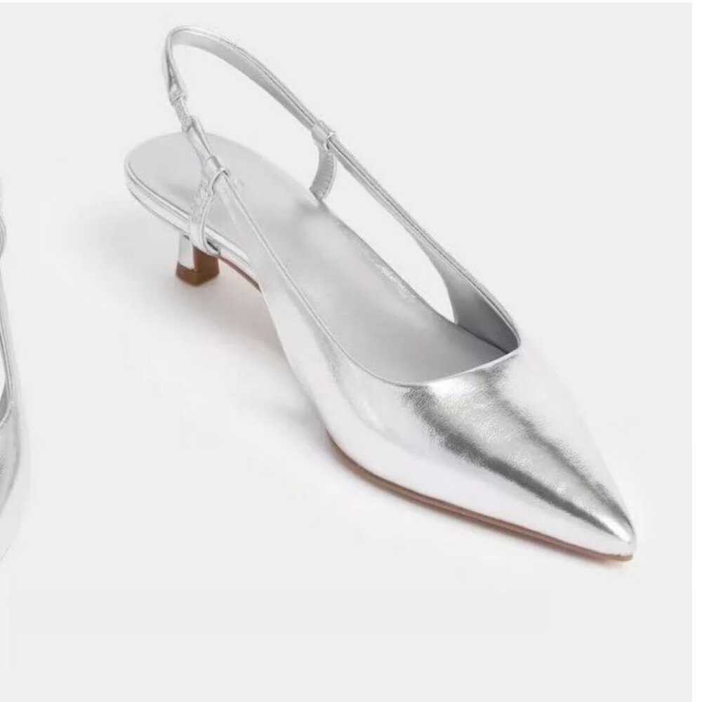 M&S Silver Slingback Kitten Heels | Metallic Party Shoes